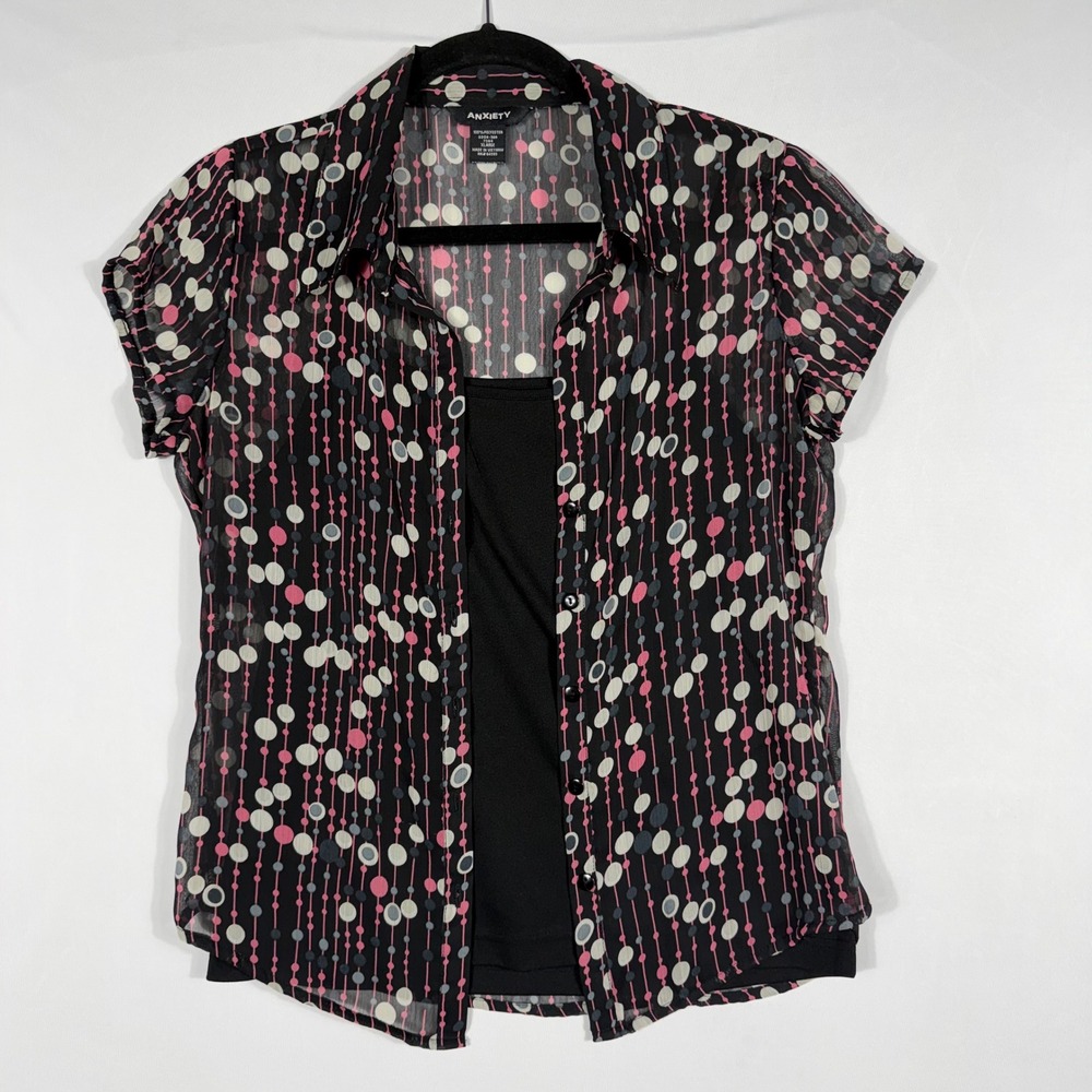 Vtg 90s Y2K Anxiety 2Pc Set Sheer Blouse & Cami M Blk Pink Grey Polka Dots Indie